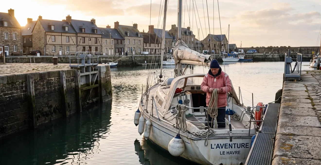Un skipper manœuvre une ligne d'amarrage à l'arrière d'un voilier entrant dans un bassin à écluse d'un port de plaisance normand en fin de journée.