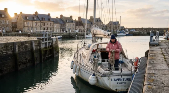 Un skipper manœuvre une ligne d'amarrage à l'arrière d'un voilier entrant dans un bassin à écluse d'un port de plaisance normand en fin de journée.
