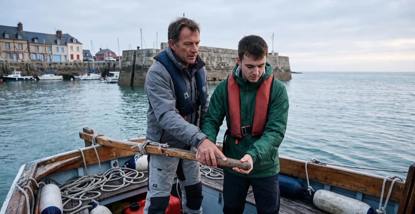 Un moniteur guide les mains d'un participant débutant sur la barre d'un voilier quittant un port normand au lever du jour.