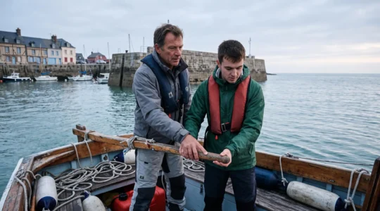 Un moniteur guide les mains d'un participant débutant sur la barre d'un voilier quittant un port normand au lever du jour.