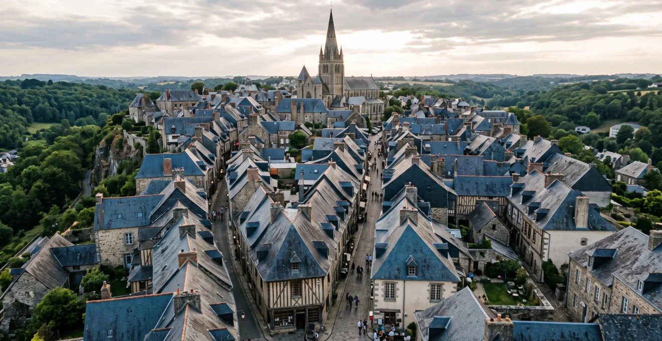 Vue en hauteur d'un bourg normand aux toits d'ardoise gris bleuté et noir, avec des façades à pans de bois entre les versants de toiture.