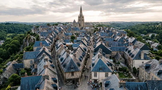 Vue en hauteur d'un bourg normand aux toits d'ardoise gris bleuté et noir, avec des façades à pans de bois entre les versants de toiture.