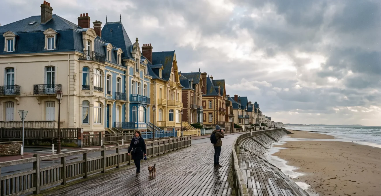 Vue d'une digue de station balnéaire normande avec des villas Belle Époque aux façades pastel sous une lumière changeante entre deux éclaircies