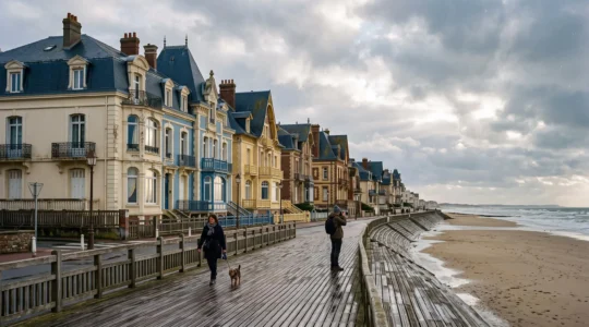 Vue d'une digue de station balnéaire normande avec des villas Belle Époque aux façades pastel sous une lumière changeante entre deux éclaircies