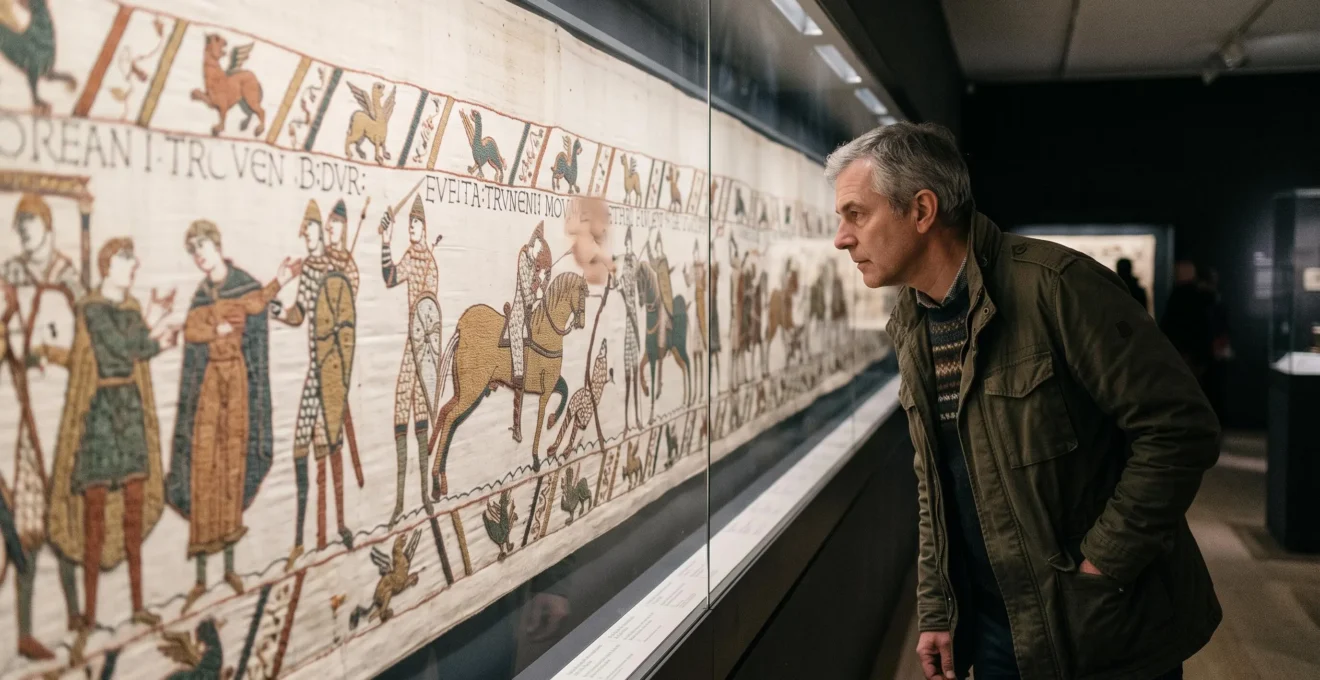 Un visiteur lit la Tapisserie de Bayeux derrière sa vitrine dans la salle d'exposition en pénombre du musée.