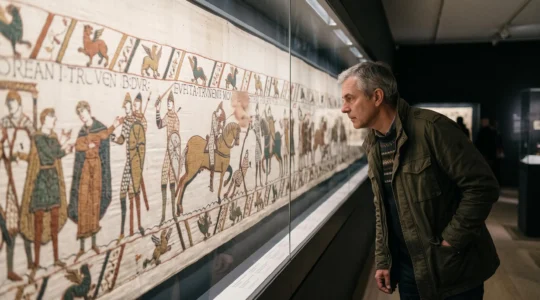 Un visiteur lit la Tapisserie de Bayeux derrière sa vitrine dans la salle d'exposition en pénombre du musée.