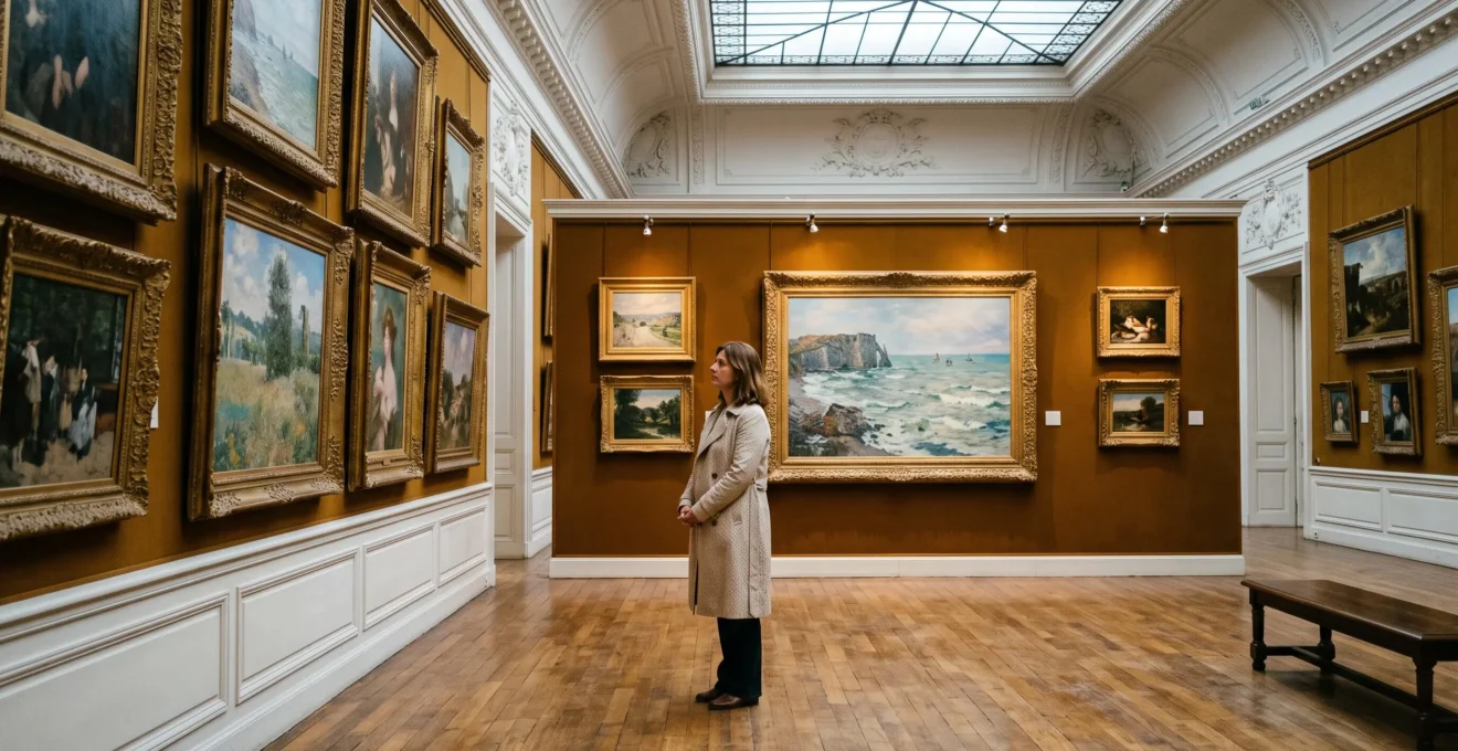 Une visiteuse observe des tableaux impressionnistes accrochés dans une grande salle éclairée en verrière d'un musée des Beaux-Arts normand.