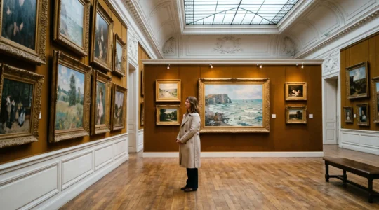 Une visiteuse observe des tableaux impressionnistes accrochés dans une grande salle éclairée en verrière d'un musée des Beaux-Arts normand.
