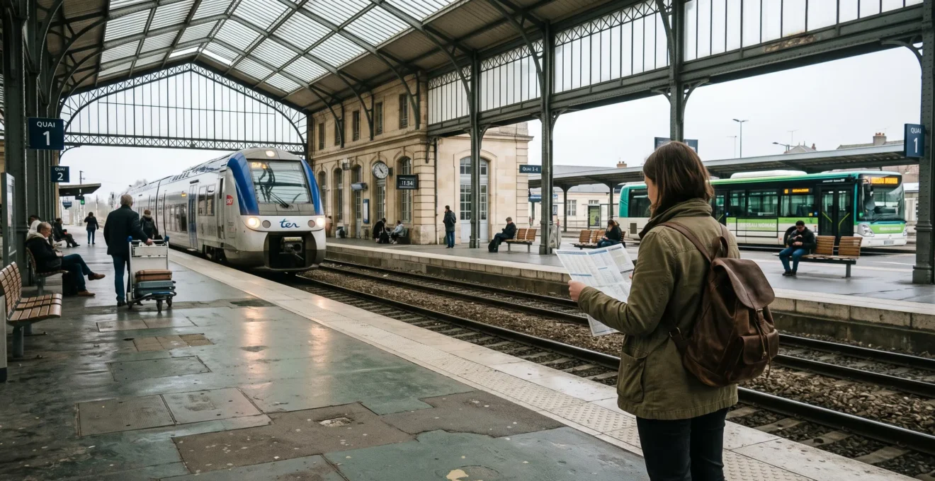 Un voyageur avec un sac à dos attend sur le quai d'une gare normande l'arrivée d'un train régional, un horaire de bus en car imprimé à la main.