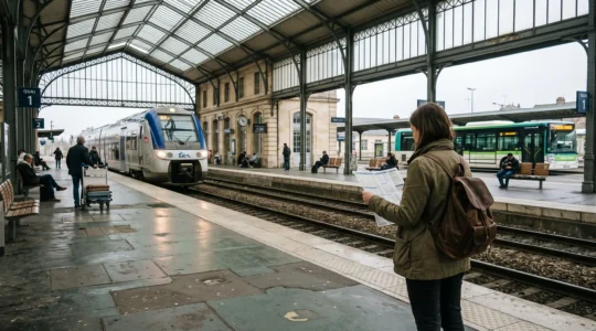 Un voyageur avec un sac à dos attend sur le quai d'une gare normande l'arrivée d'un train régional, un horaire de bus en car imprimé à la main.